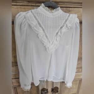 Vintage Ms.Paquette White Lace Trim Blouse